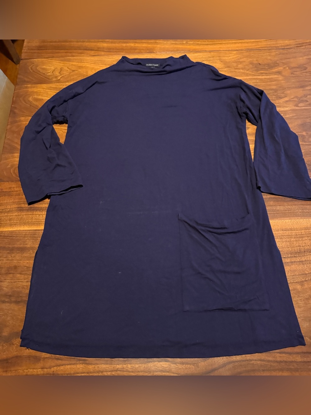 Eileen Fisher Mock Turtleneck High Neck Viscose Knit Tunic in Navy EUC Sz S